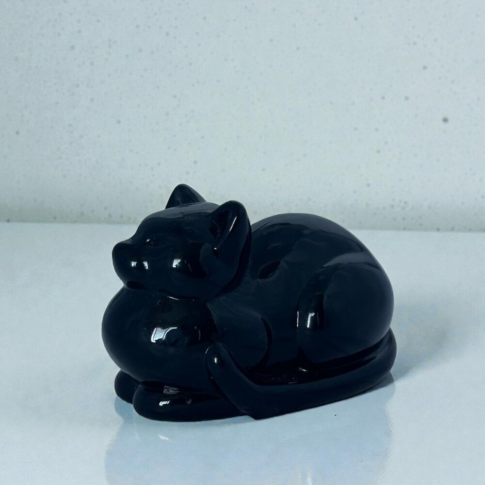 1980s Loafing Black Cat‎ Paperweight Solid Glass Vintage 3.25" Long Kitty Kitten